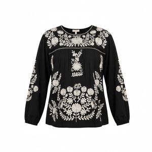 Layerz Clothing Black Long Sleeve Boho Blouse w White Floral Embroidery Size M